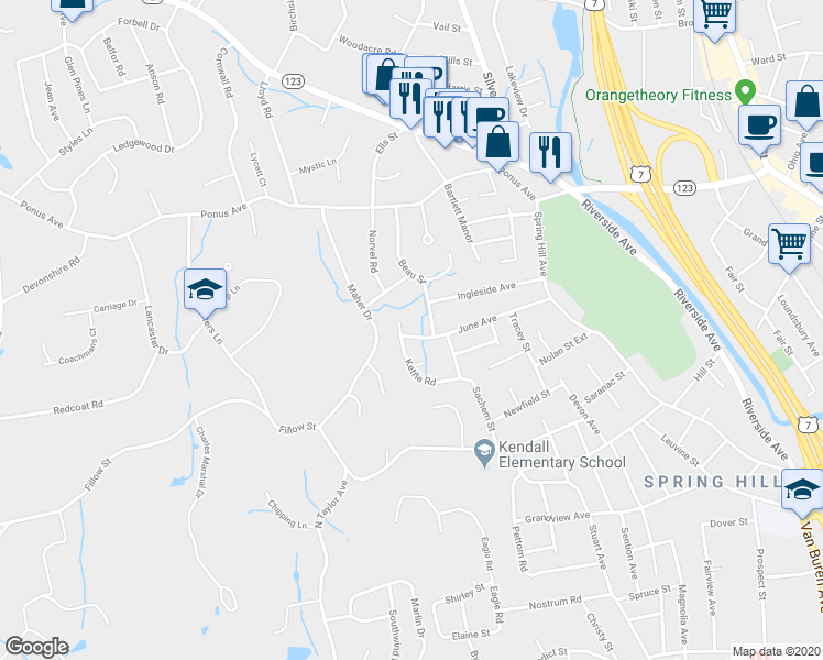 map of restaurants, bars, coffee shops, grocery stores, and more near 48 June Avenue in Norwalk