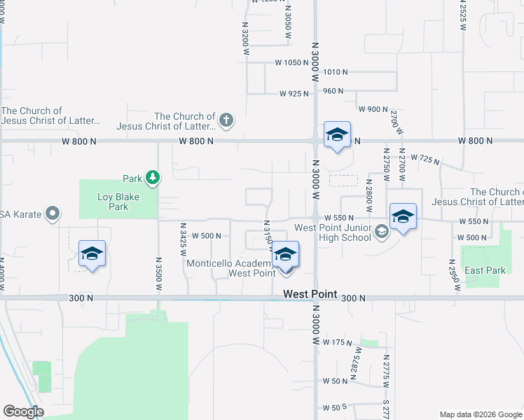 map of restaurants, bars, coffee shops, grocery stores, and more near 3181 West 600 North in West Point