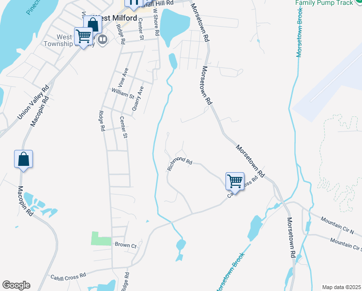 map of restaurants, bars, coffee shops, grocery stores, and more near 7401 Richmond Road in West Milford
