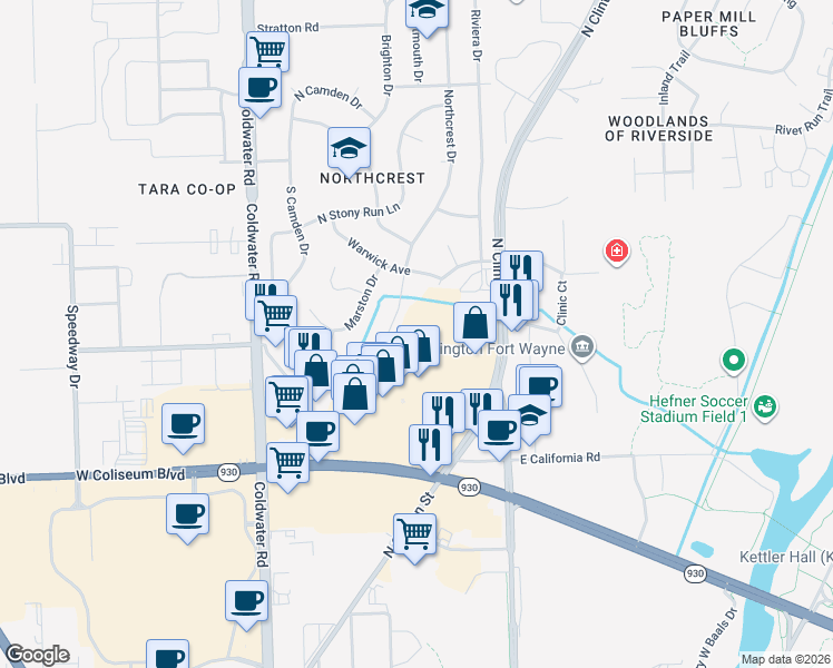 map of restaurants, bars, coffee shops, grocery stores, and more near 921 Northcrest Shopping Center in Fort Wayne