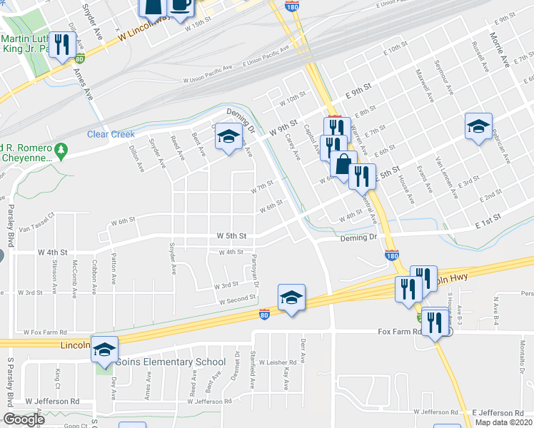 map of restaurants, bars, coffee shops, grocery stores, and more near 605 Stanfield Avenue in Cheyenne