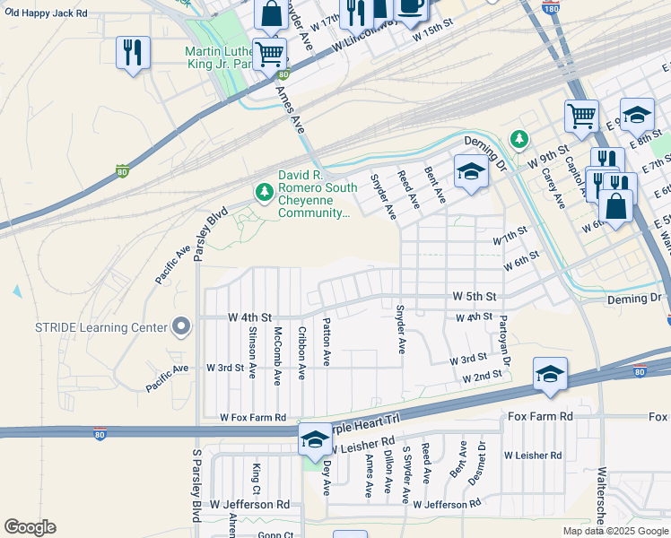 map of restaurants, bars, coffee shops, grocery stores, and more near 966 West 6th Street in Cheyenne