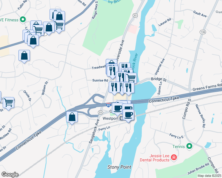 map of restaurants, bars, coffee shops, grocery stores, and more near 9 Franklin Street in Westport