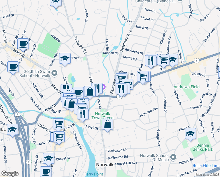 map of restaurants, bars, coffee shops, grocery stores, and more near 40 East Avenue in Norwalk