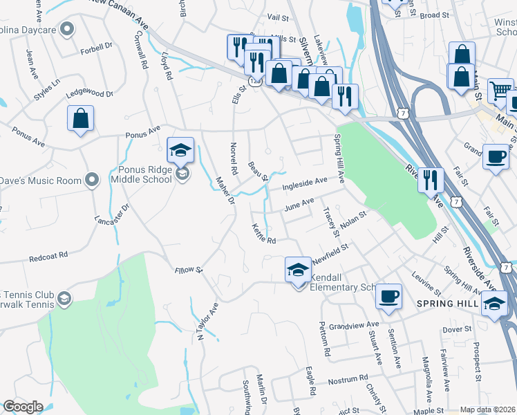 map of restaurants, bars, coffee shops, grocery stores, and more near in Norwalk