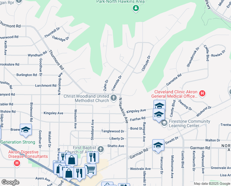 map of restaurants, bars, coffee shops, grocery stores, and more near 460 Treeside Drive in Akron