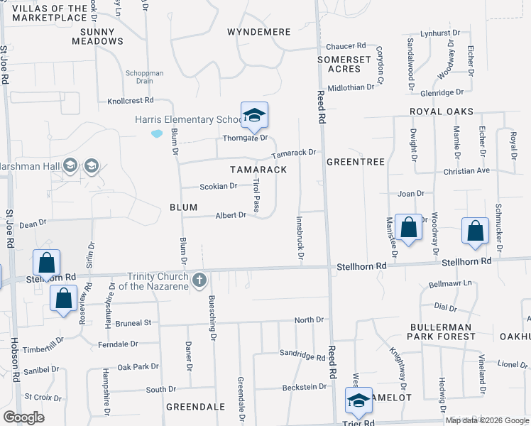 map of restaurants, bars, coffee shops, grocery stores, and more near 4711 Ottawa Drive in Fort Wayne