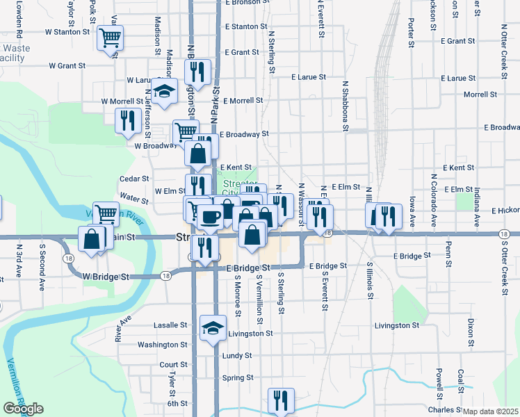 map of restaurants, bars, coffee shops, grocery stores, and more near 207 North Vermillion Street in Streator