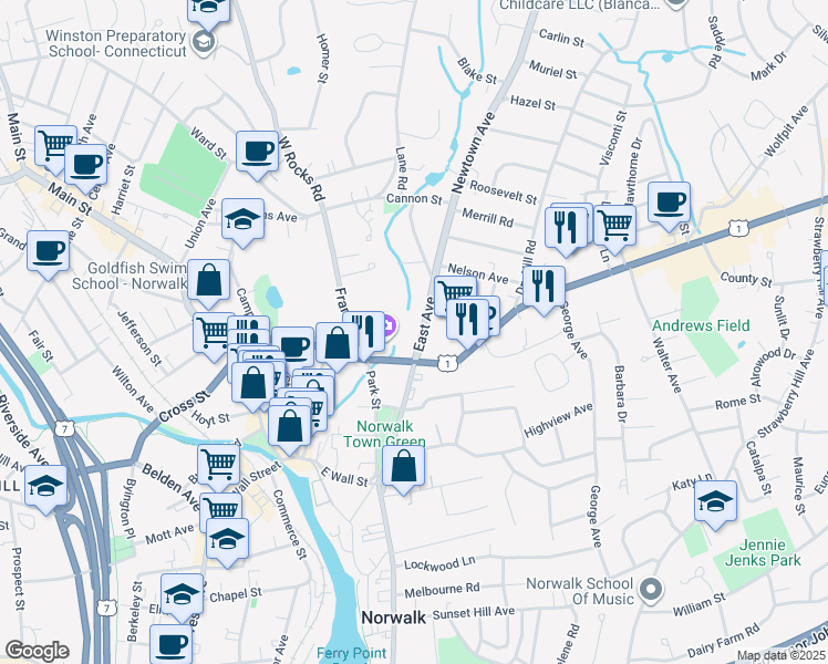 map of restaurants, bars, coffee shops, grocery stores, and more near 40 East Avenue in Norwalk