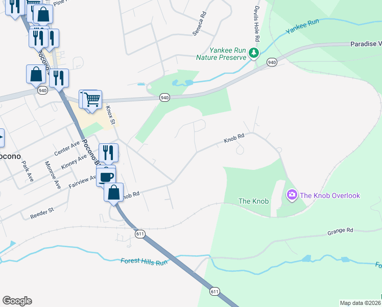 map of restaurants, bars, coffee shops, grocery stores, and more near 94 Knob Road in Mount Pocono