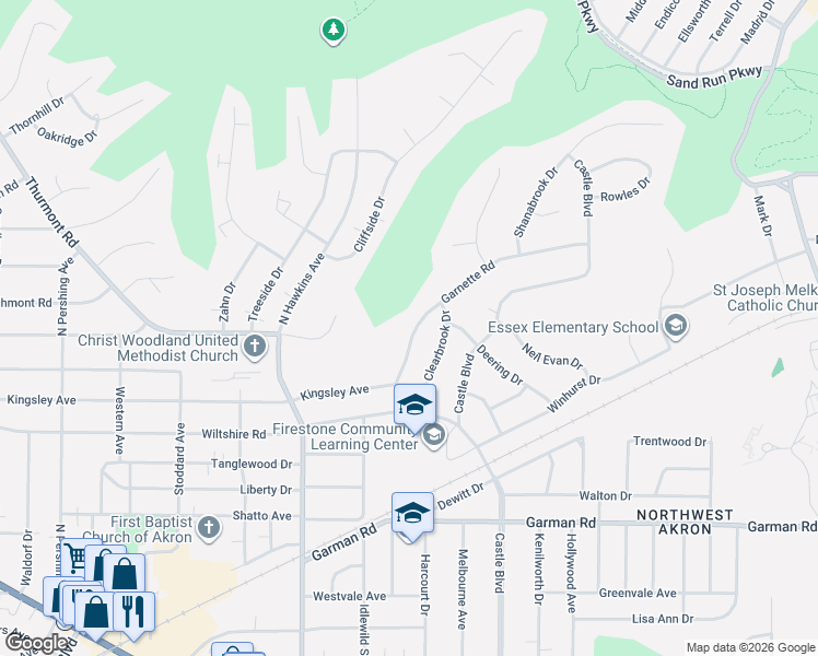 map of restaurants, bars, coffee shops, grocery stores, and more near 490 Garnette Road in Akron