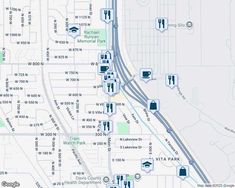 map of restaurants, bars, coffee shops, grocery stores, and more near 610 North Main Street in Clearfield