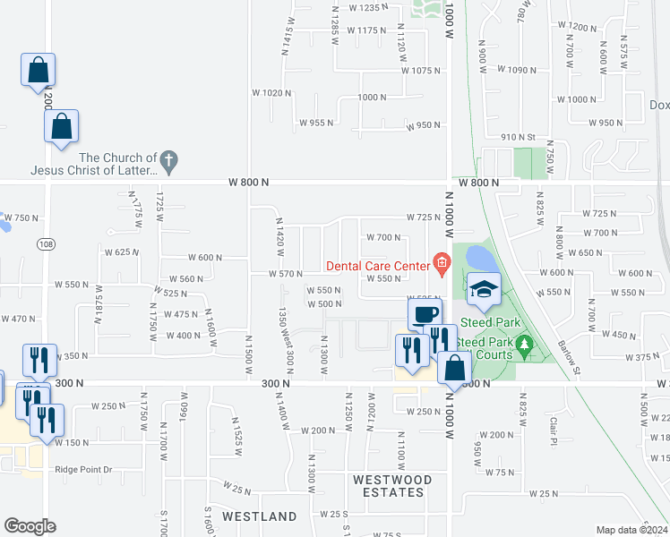 map of restaurants, bars, coffee shops, grocery stores, and more near 579 North 1260 West in Clinton