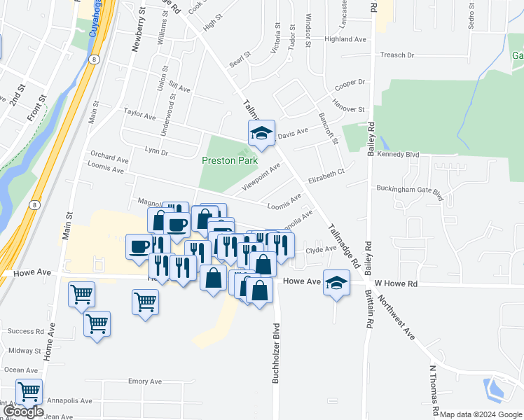 map of restaurants, bars, coffee shops, grocery stores, and more near 678 Loomis Avenue in Cuyahoga Falls
