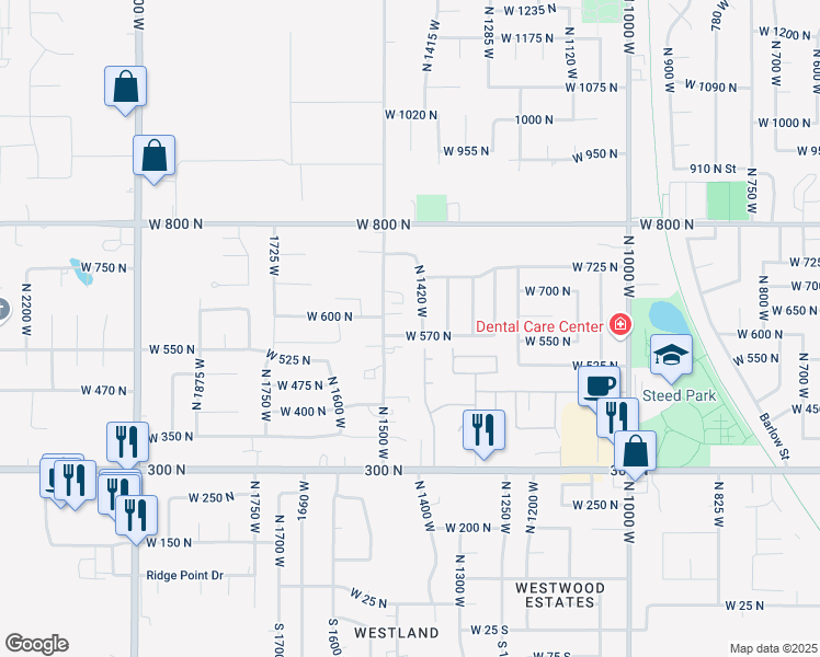 map of restaurants, bars, coffee shops, grocery stores, and more near 596 North 1500 West in Clinton