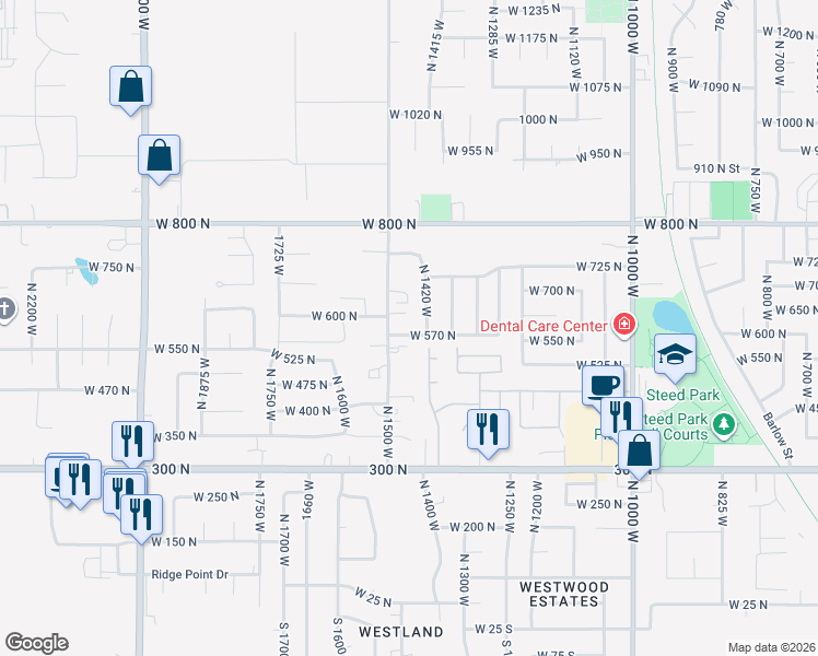 map of restaurants, bars, coffee shops, grocery stores, and more near 1456 West 570 North in Clinton