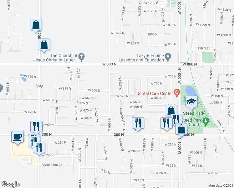 map of restaurants, bars, coffee shops, grocery stores, and more near 1444 West 570 North in Clinton