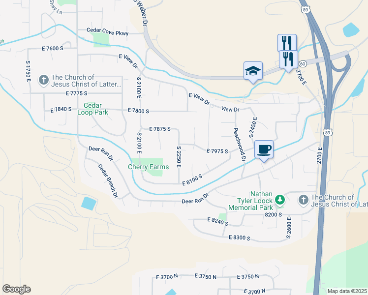 map of restaurants, bars, coffee shops, grocery stores, and more near 2284 East 7975 South in South Weber