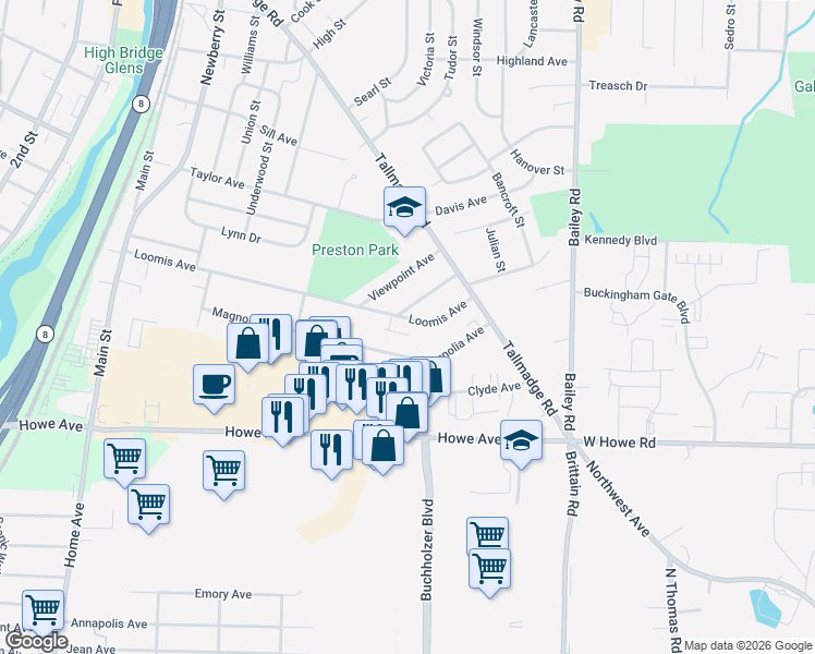 map of restaurants, bars, coffee shops, grocery stores, and more near 680 Loomis Avenue in Cuyahoga Falls