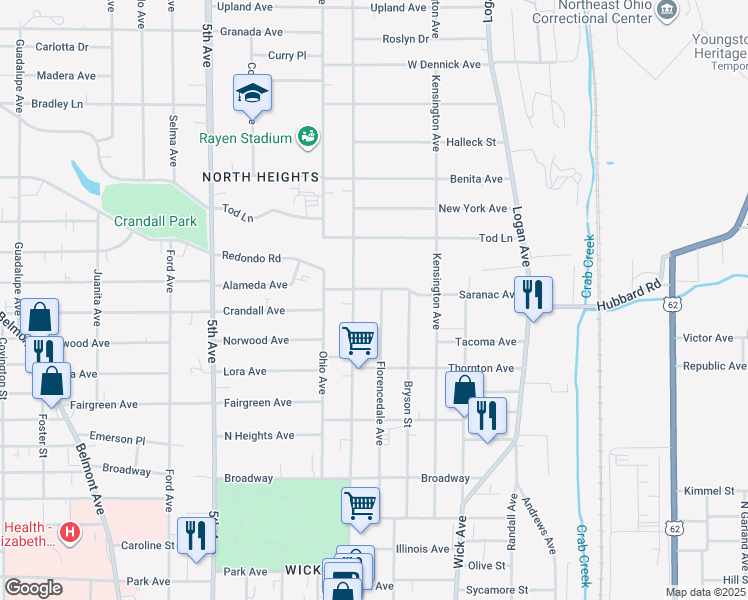map of restaurants, bars, coffee shops, grocery stores, and more near 137 Saranac Ave in Youngstown