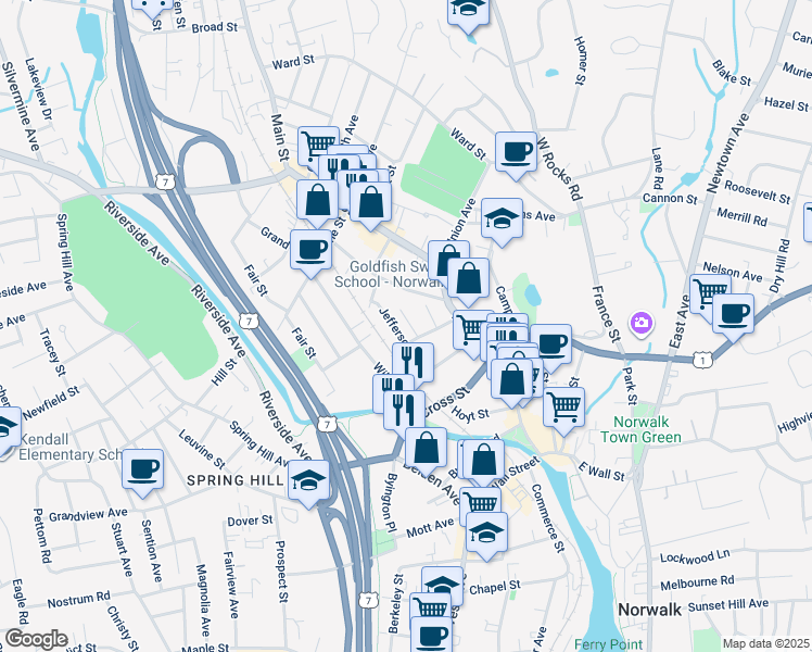 map of restaurants, bars, coffee shops, grocery stores, and more near 8 Davenport Street in Norwalk