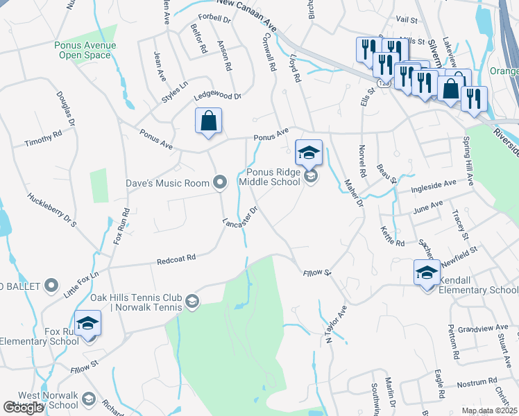 map of restaurants, bars, coffee shops, grocery stores, and more near 21 Hunters Lane in Norwalk