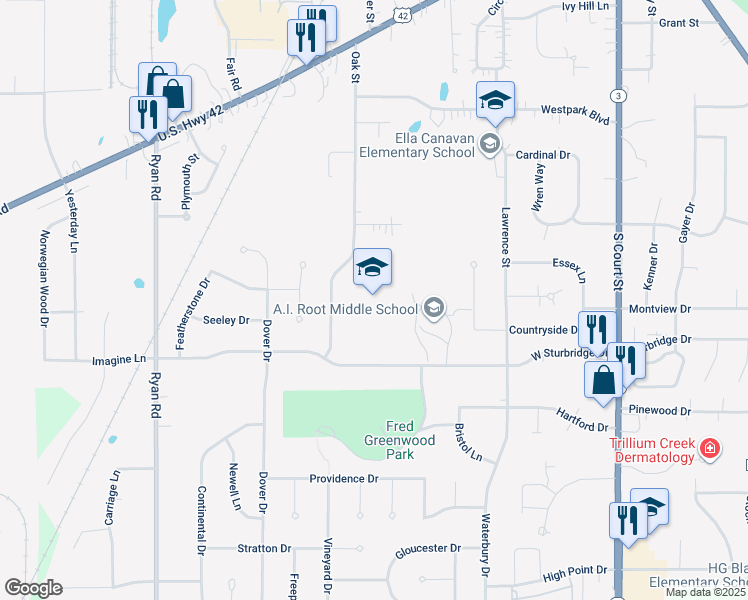 map of restaurants, bars, coffee shops, grocery stores, and more near 333 West Sturbridge Drive in Medina