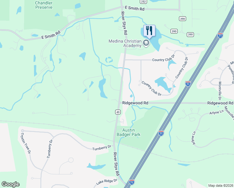 map of restaurants, bars, coffee shops, grocery stores, and more near 5588 River Styx Road in Medina