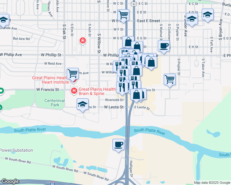 map of restaurants, bars, coffee shops, grocery stores, and more near 202 West Francis Street in North Platte