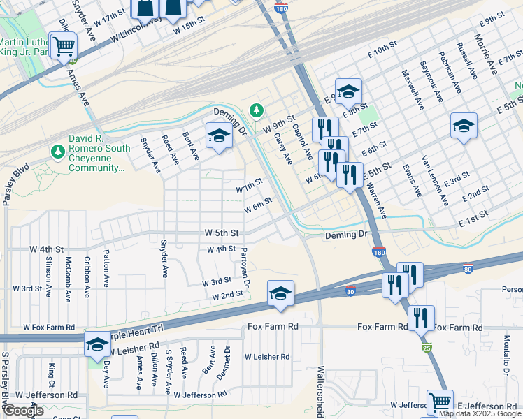 map of restaurants, bars, coffee shops, grocery stores, and more near 520 Thomes Avenue in Cheyenne