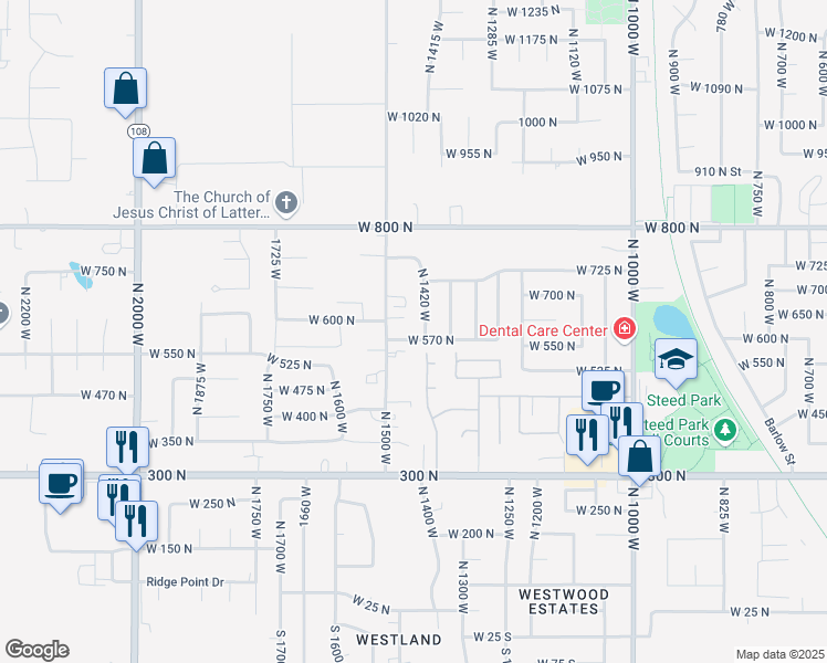 map of restaurants, bars, coffee shops, grocery stores, and more near 596 North 1500 West in Clinton