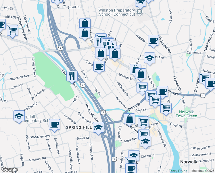 map of restaurants, bars, coffee shops, grocery stores, and more near 18 Lounsbury Avenue in Norwalk