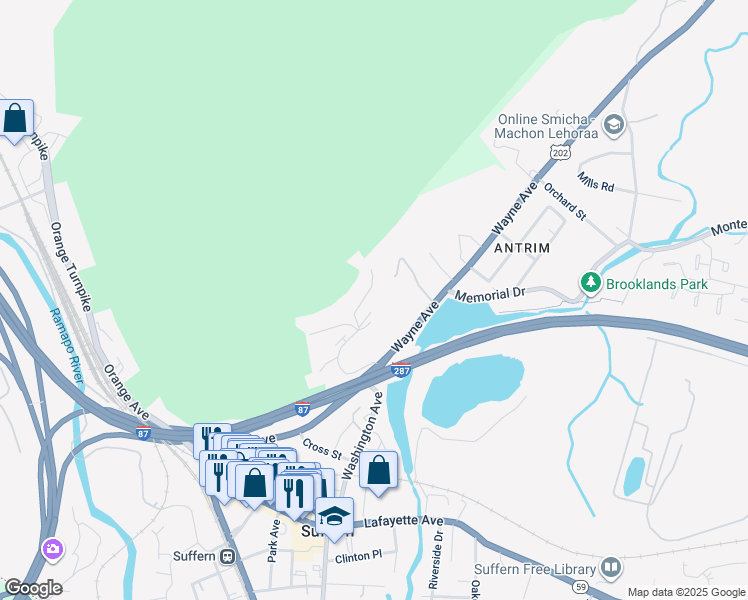 map of restaurants, bars, coffee shops, grocery stores, and more near 48 Pavilion Road in Suffern