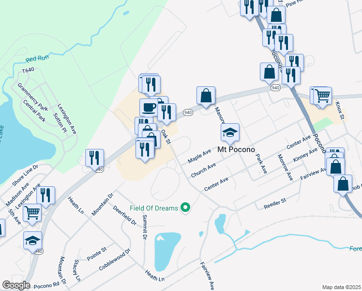map of restaurants, bars, coffee shops, grocery stores, and more near 399 Oak Street in Mount Pocono