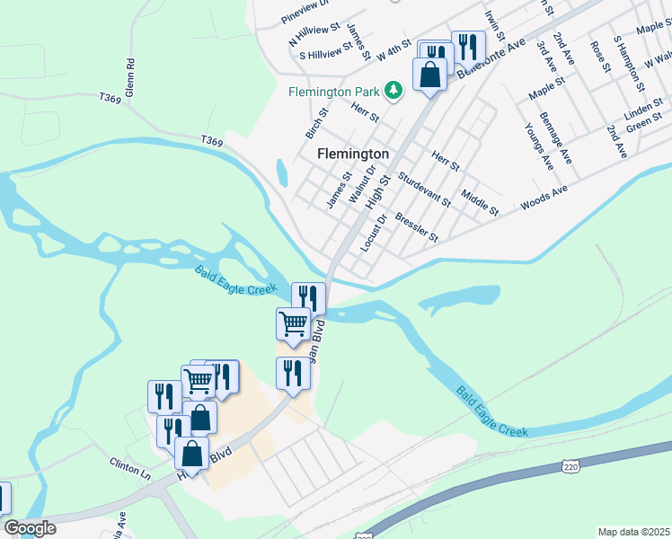 map of restaurants, bars, coffee shops, grocery stores, and more near 414 Canal Street in Flemington