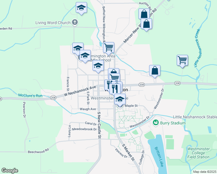map of restaurants, bars, coffee shops, grocery stores, and more near 124 West Neshannock Avenue in New Wilmington