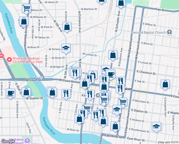 map of restaurants, bars, coffee shops, grocery stores, and more near 238 North Washington Avenue in Kankakee