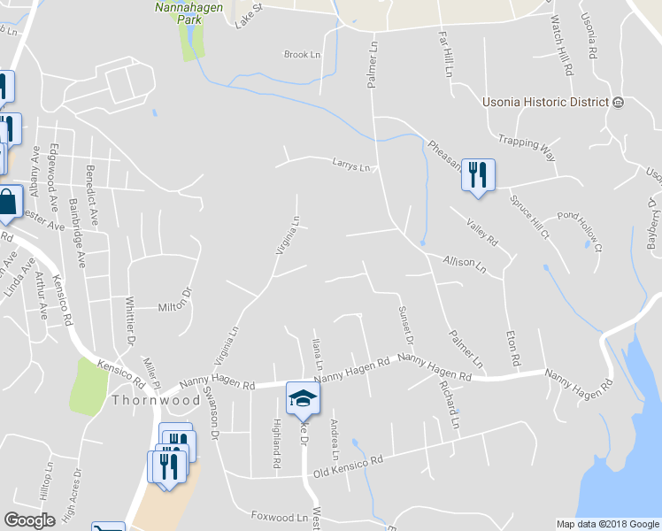 map of restaurants, bars, coffee shops, grocery stores, and more near 35 Sunset Drive in Thornwood