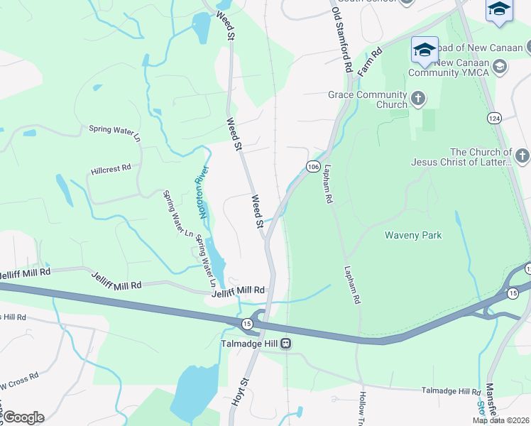 map of restaurants, bars, coffee shops, grocery stores, and more near 44 Weed Street in New Canaan