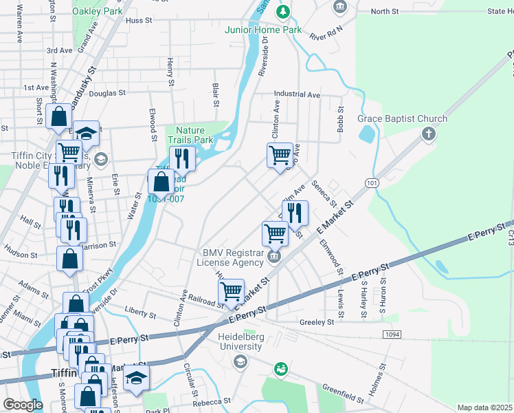 map of restaurants, bars, coffee shops, grocery stores, and more near 124 Ohio Avenue in Tiffin