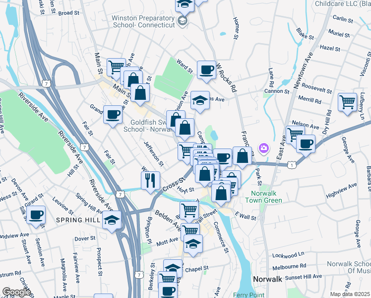map of restaurants, bars, coffee shops, grocery stores, and more near 106 Connecticut 123 in Norwalk