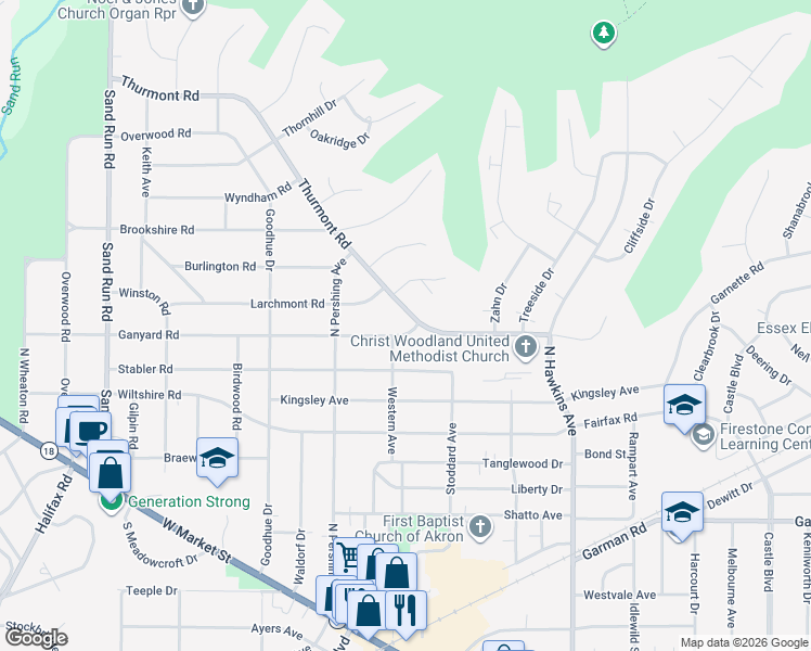 map of restaurants, bars, coffee shops, grocery stores, and more near 2218 Thurmont Road in Akron