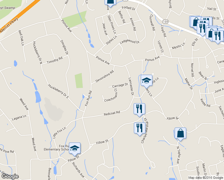 map of restaurants, bars, coffee shops, grocery stores, and more near 1 Coachmans Court in Norwalk