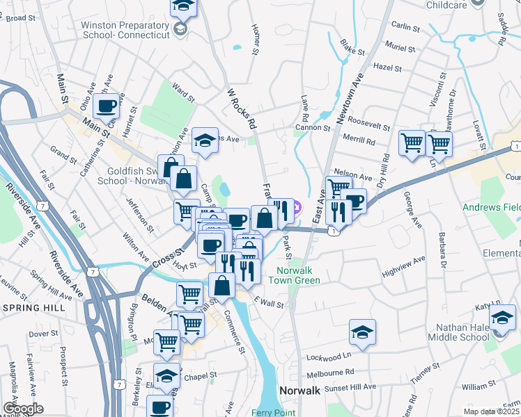 map of restaurants, bars, coffee shops, grocery stores, and more near 1 Father Conlon Place in Norwalk