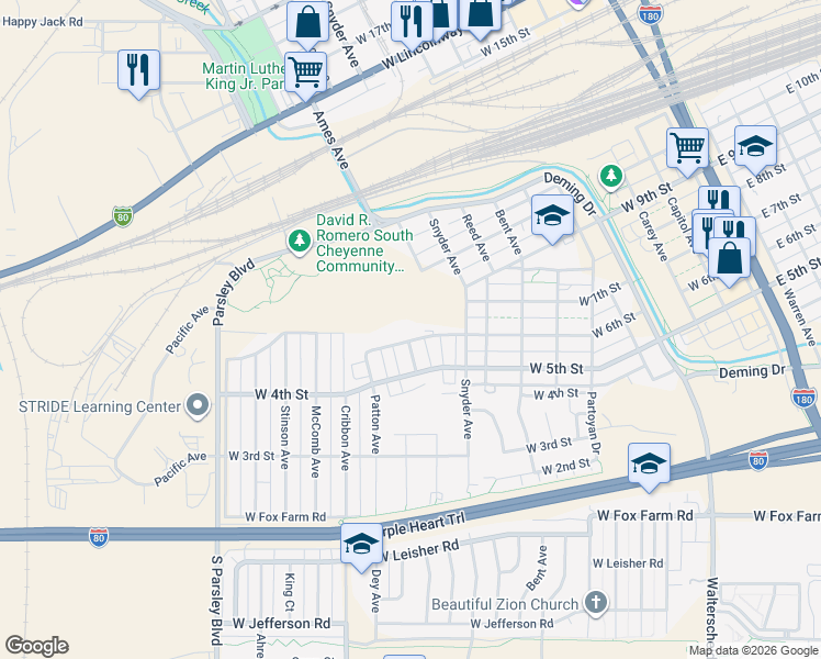 map of restaurants, bars, coffee shops, grocery stores, and more near 966 West 6th Street in Cheyenne
