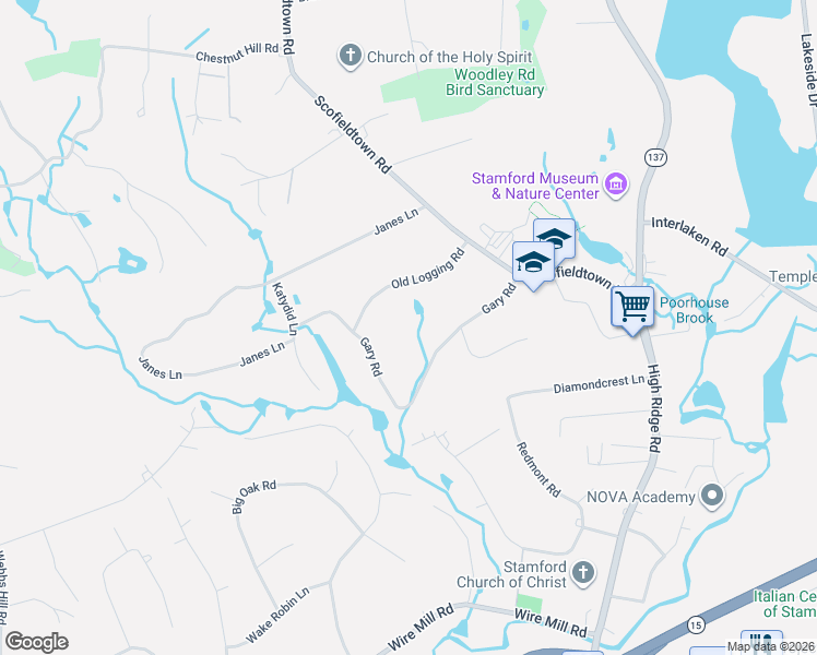 map of restaurants, bars, coffee shops, grocery stores, and more near 97 Gary Road in Stamford