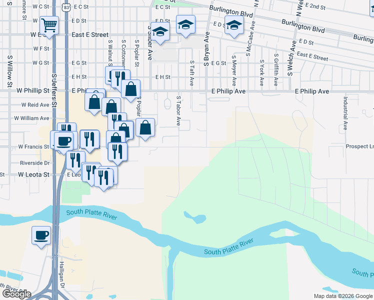 map of restaurants, bars, coffee shops, grocery stores, and more near 1128 East Francis Street in North Platte