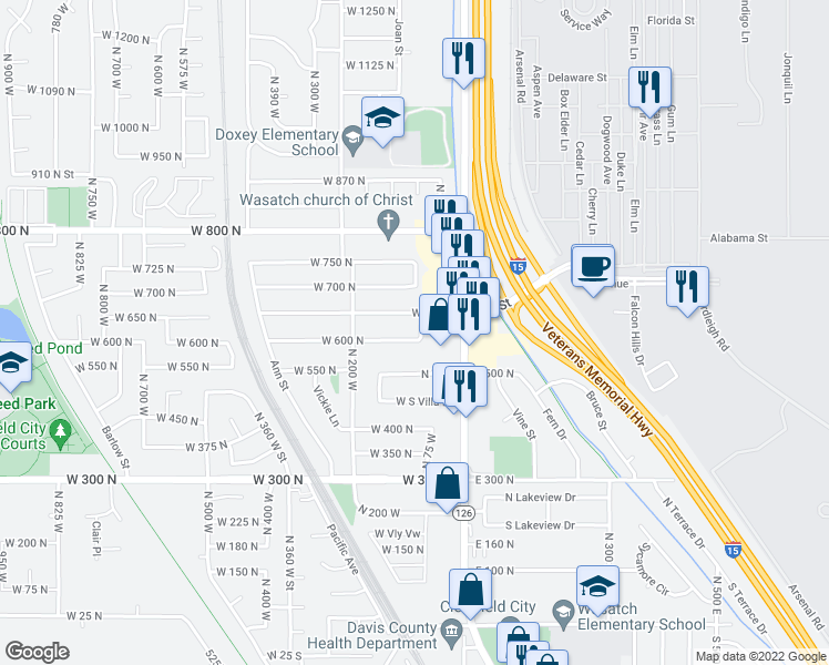 map of restaurants, bars, coffee shops, grocery stores, and more near 622 James Street in Clearfield