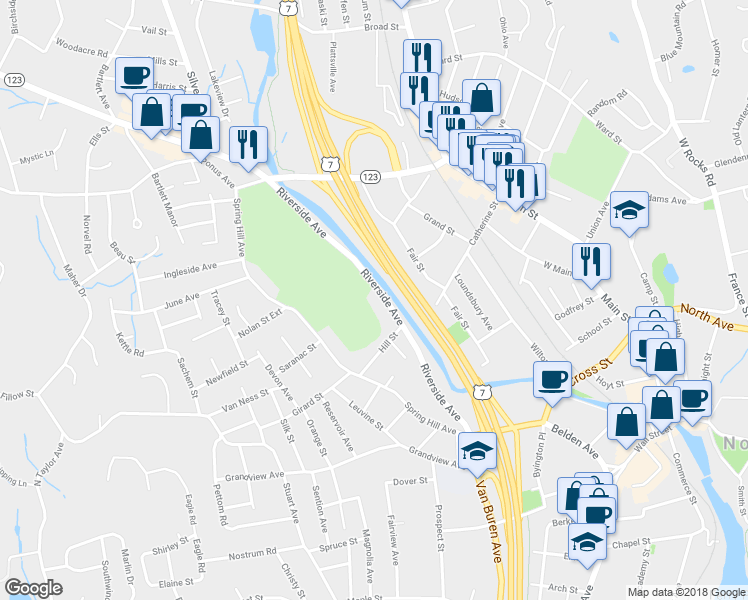 map of restaurants, bars, coffee shops, grocery stores, and more near 71 Riverside Avenue in Norwalk
