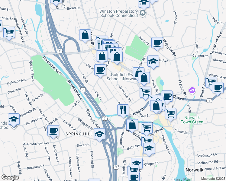 map of restaurants, bars, coffee shops, grocery stores, and more near 42 Wilton Avenue in Norwalk